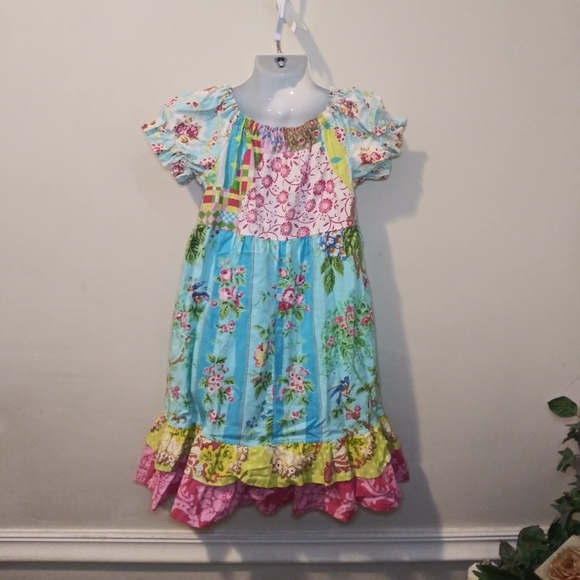 3/$18 Pish Posh Girls Cottagecore Style Patchwork Floral Ruffled Hem Dress - Picture 5 of 11